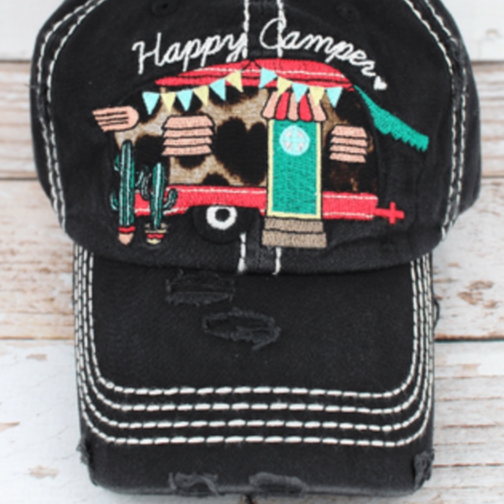 Distressed Black Happy Camper Cap, Hat, Baseball Cap, Hat, Mom Hat